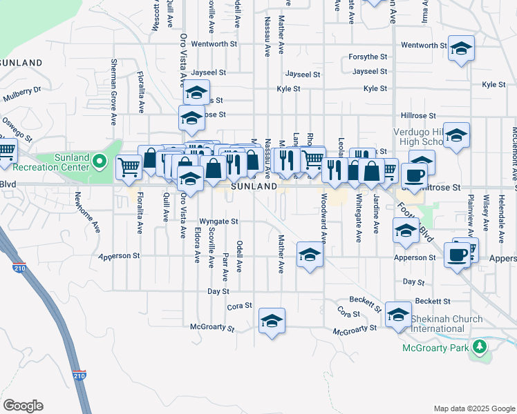 map of restaurants, bars, coffee shops, grocery stores, and more near 10424 McVine Avenue in Los Angeles