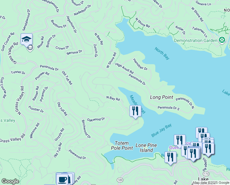 map of restaurants, bars, coffee shops, grocery stores, and more near 27598 Meadow Bay Drive in Lake Arrowhead