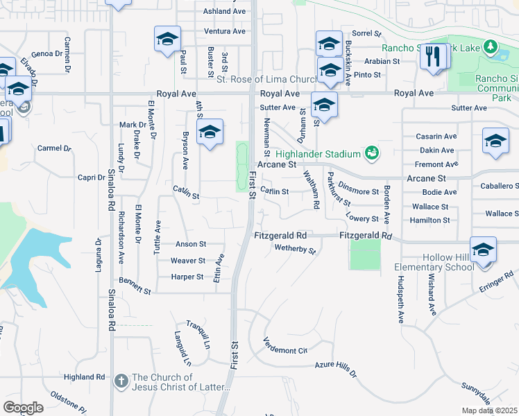 map of restaurants, bars, coffee shops, grocery stores, and more near 1135 Fitzgerald Road in Simi Valley