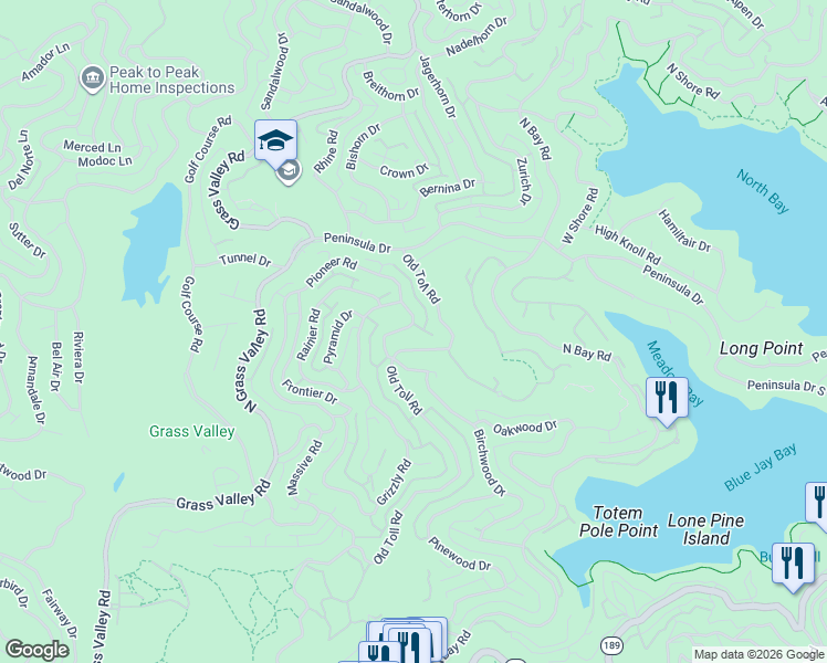 map of restaurants, bars, coffee shops, grocery stores, and more near 588 Pioneer Road in Lake Arrowhead