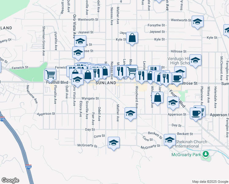 map of restaurants, bars, coffee shops, grocery stores, and more near 8100 Foothill Boulevard in Los Angeles