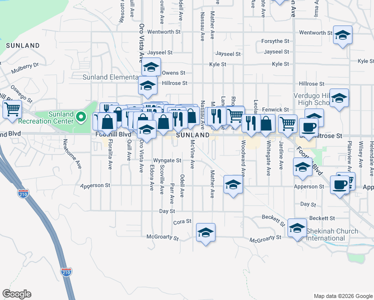 map of restaurants, bars, coffee shops, grocery stores, and more near 10427 Odell Avenue in Los Angeles