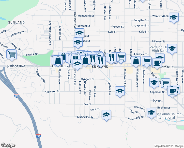 map of restaurants, bars, coffee shops, grocery stores, and more near 10427 Odell Avenue in Los Angeles