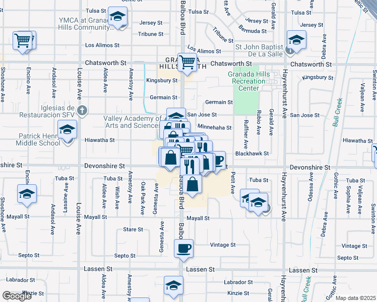 map of restaurants, bars, coffee shops, grocery stores, and more near 16950 Blackhawk Street in Los Angeles