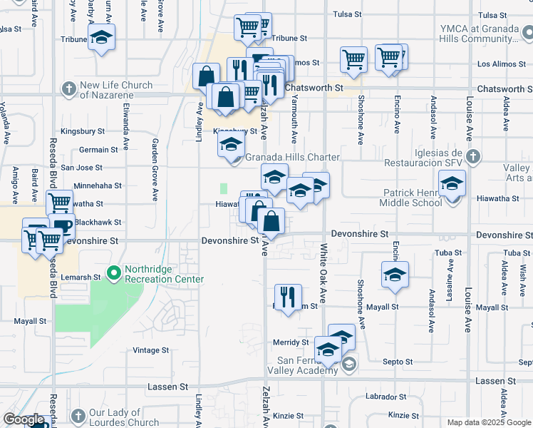 map of restaurants, bars, coffee shops, grocery stores, and more near 10331 Zelzah Avenue in Los Angeles