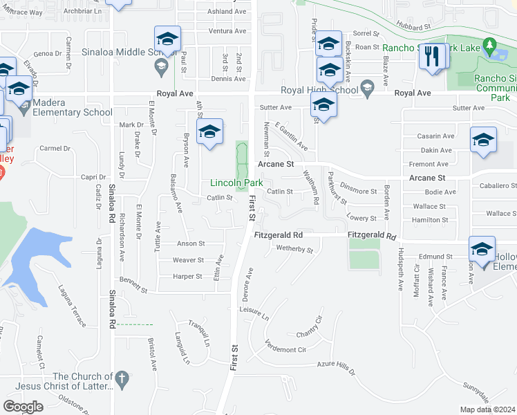 map of restaurants, bars, coffee shops, grocery stores, and more near 1135 Fitzgerald Road in Simi Valley