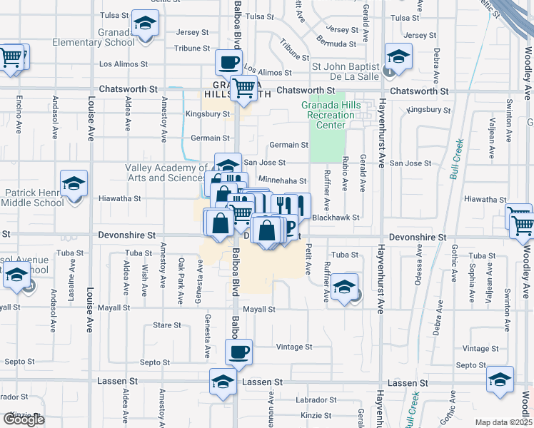 map of restaurants, bars, coffee shops, grocery stores, and more near 16914 Blackhawk Street in Los Angeles
