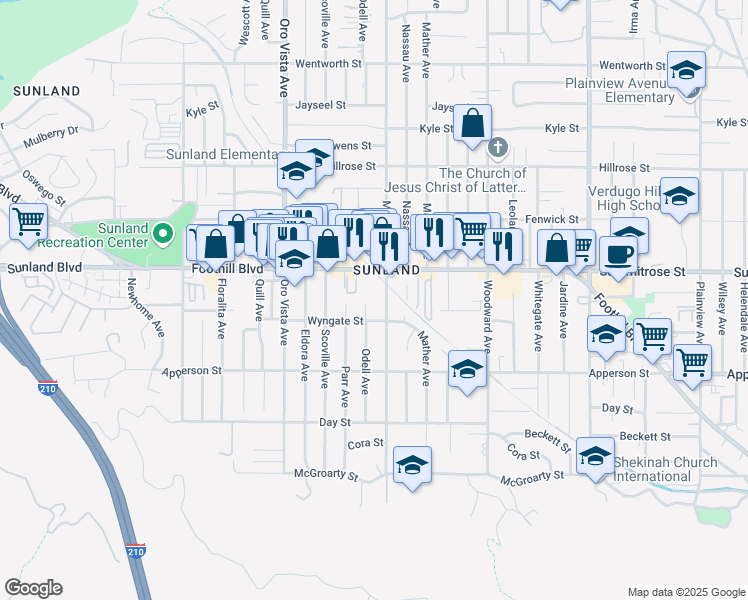 map of restaurants, bars, coffee shops, grocery stores, and more near 10425 McVine Avenue in Los Angeles