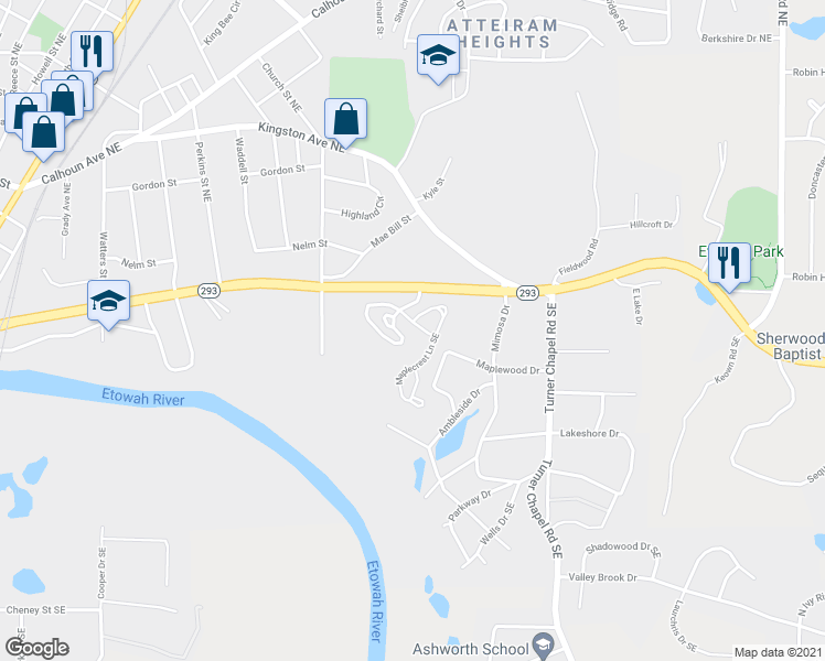 map of restaurants, bars, coffee shops, grocery stores, and more near 110 Carriage Way Southeast in Rome
