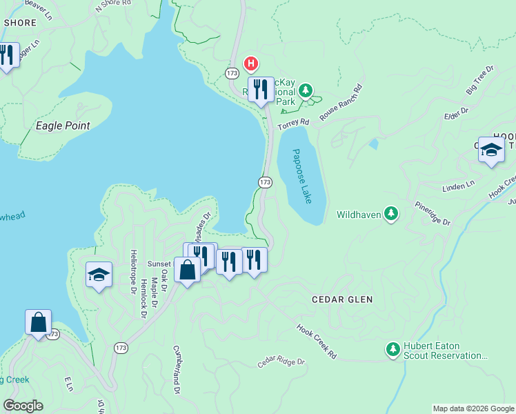map of restaurants, bars, coffee shops, grocery stores, and more near 496 California 173 in Lake Arrowhead