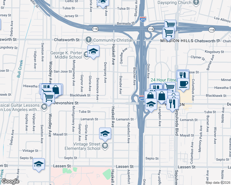 map of restaurants, bars, coffee shops, grocery stores, and more near 10342 Haskell Avenue in Los Angeles
