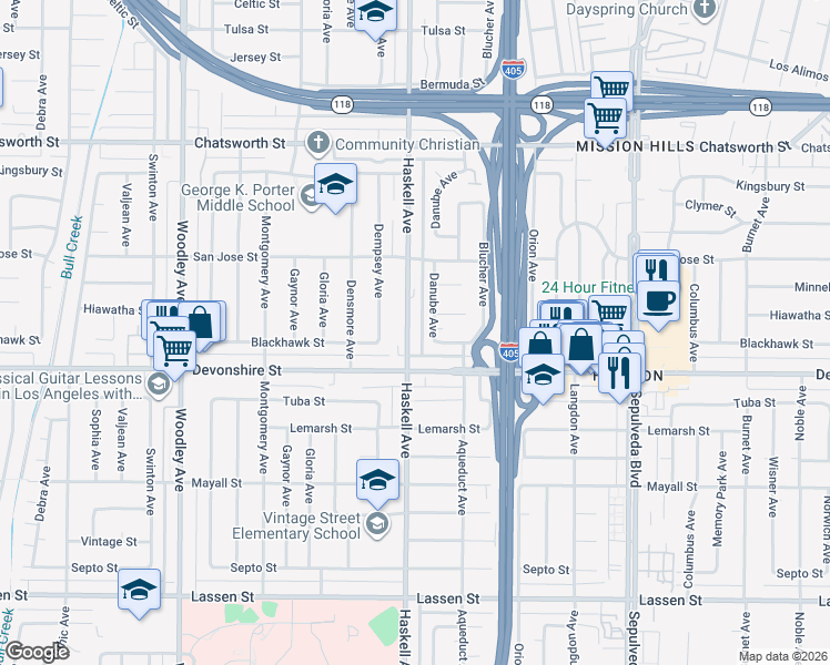 map of restaurants, bars, coffee shops, grocery stores, and more near 10342 Haskell Avenue in Los Angeles
