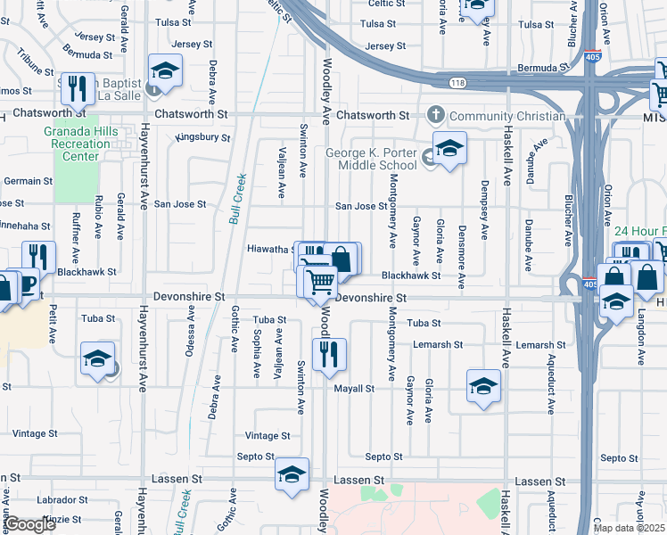 map of restaurants, bars, coffee shops, grocery stores, and more near 10341 Woodley Avenue in Los Angeles