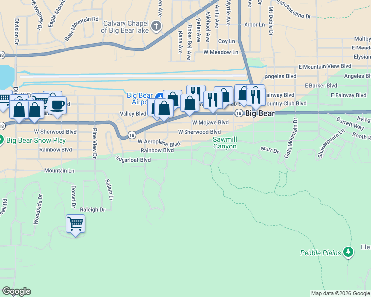 map of restaurants, bars, coffee shops, grocery stores, and more near 411 Rainbow Boulevard in Big Bear