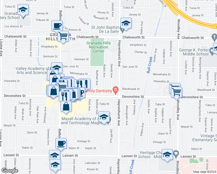map of restaurants, bars, coffee shops, grocery stores, and more near 16639 Blackhawk Street in Los Angeles