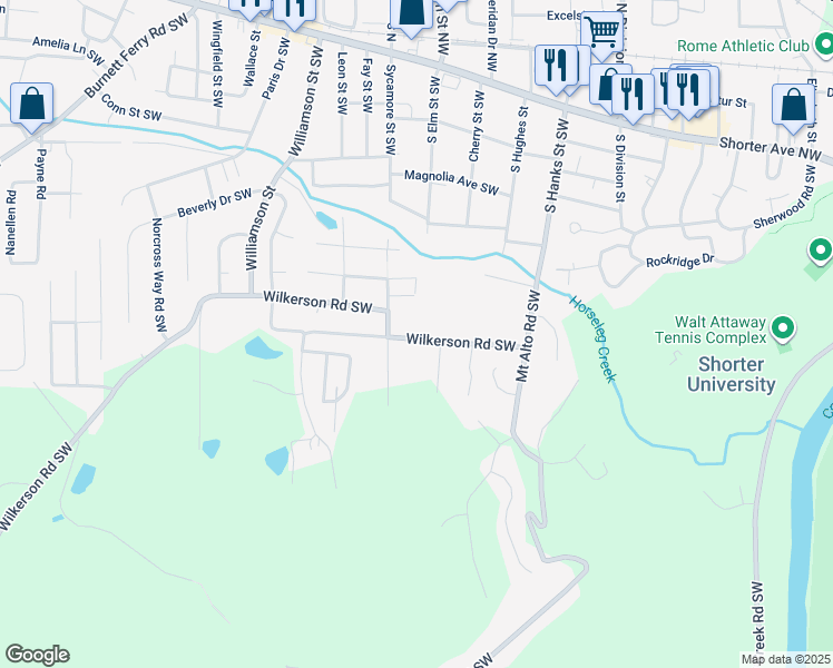 map of restaurants, bars, coffee shops, grocery stores, and more near 104 Wilkerson Road Southwest in Rome