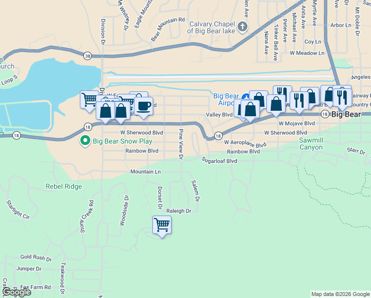 map of restaurants, bars, coffee shops, grocery stores, and more near 312 Pine View Drive in Big Bear