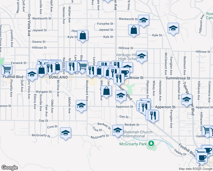 map of restaurants, bars, coffee shops, grocery stores, and more near 10431 Jardine Avenue in Los Angeles