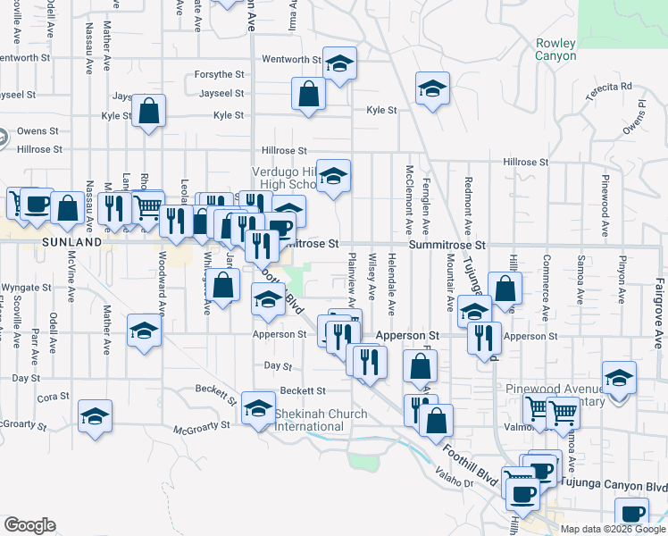 map of restaurants, bars, coffee shops, grocery stores, and more near 7624 Machrea Street in Los Angeles