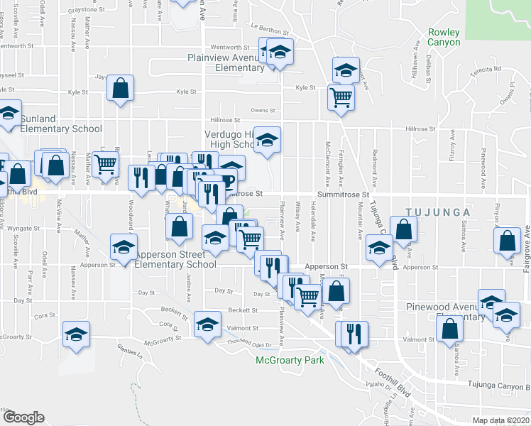 map of restaurants, bars, coffee shops, grocery stores, and more near 7632 Machrea Street in Los Angeles