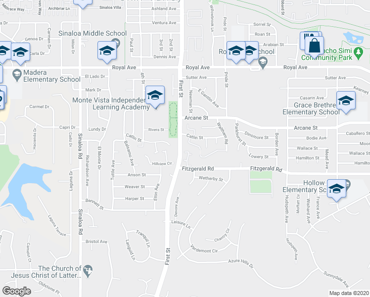 map of restaurants, bars, coffee shops, grocery stores, and more near 1135 Fitzgerald Road in Simi Valley