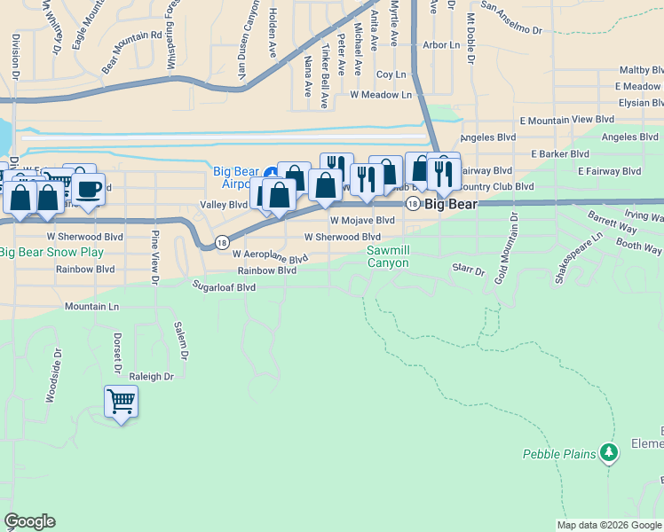 map of restaurants, bars, coffee shops, grocery stores, and more near 535 West Rainbow Boulevard in Big Bear