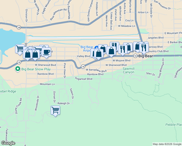 map of restaurants, bars, coffee shops, grocery stores, and more near 535 West Rainbow Boulevard in Big Bear
