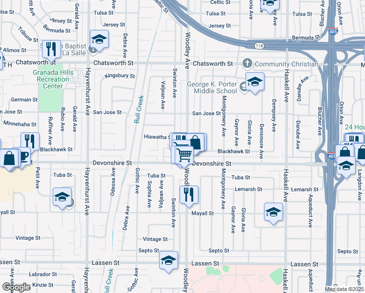 map of restaurants, bars, coffee shops, grocery stores, and more near 10341 Woodley Avenue in Los Angeles