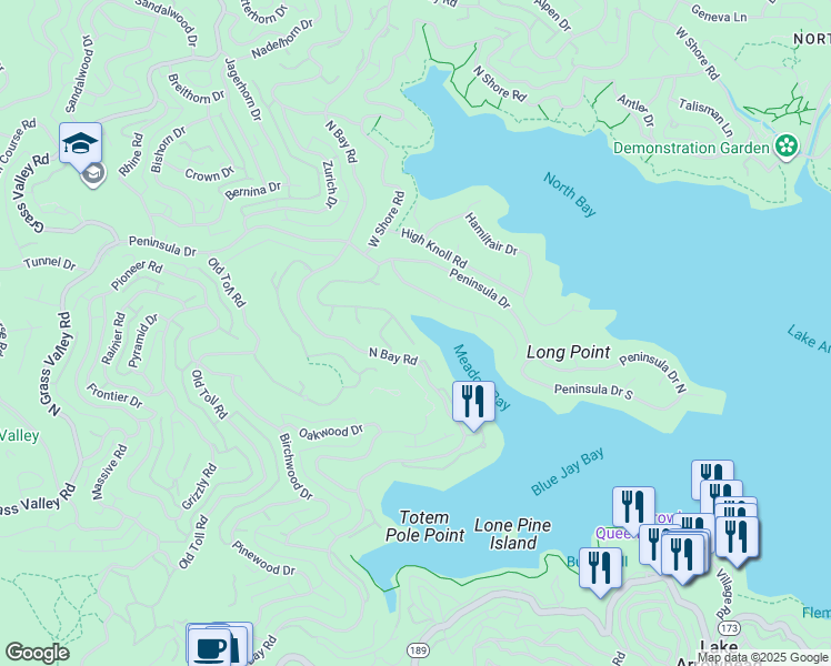 map of restaurants, bars, coffee shops, grocery stores, and more near 27607 Meadow Bay Drive in Lake Arrowhead