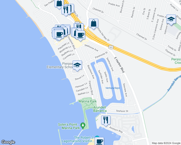 map of restaurants, bars, coffee shops, grocery stores, and more near 2729 Bayshore Avenue in Ventura