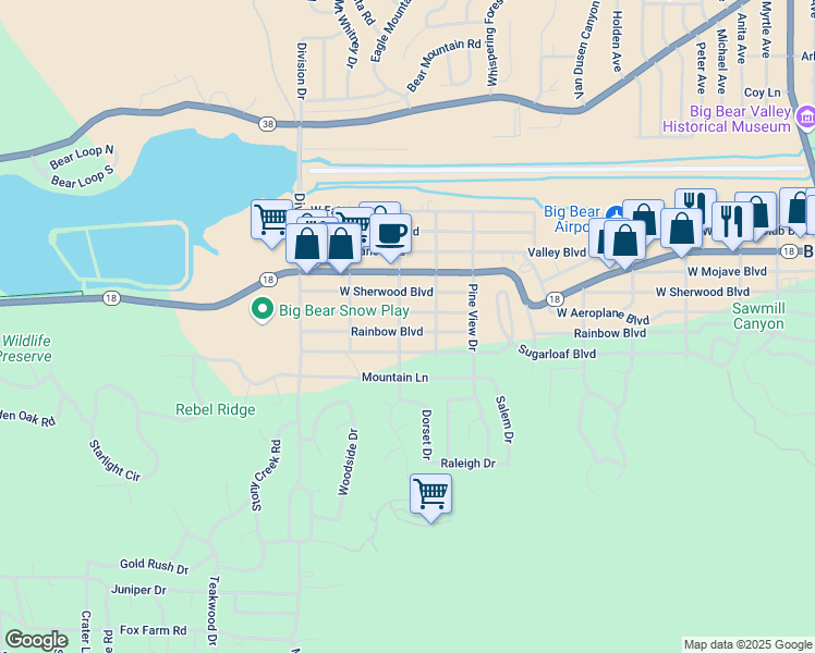 map of restaurants, bars, coffee shops, grocery stores, and more near 925 Rainbow Boulevard in Big Bear