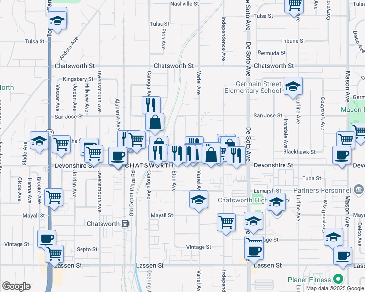 map of restaurants, bars, coffee shops, grocery stores, and more near 10345 Milwood Avenue in Los Angeles