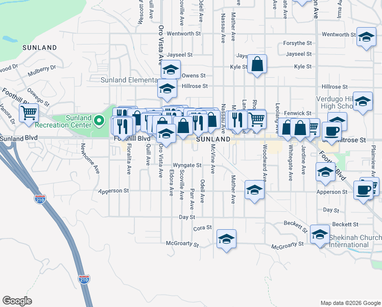 map of restaurants, bars, coffee shops, grocery stores, and more near 10425 Parr Avenue in Los Angeles