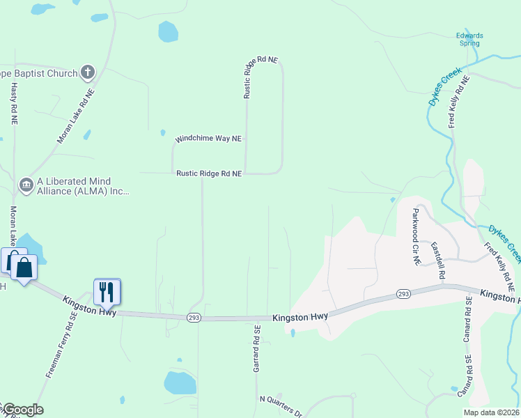 map of restaurants, bars, coffee shops, grocery stores, and more near 195 Southern Grace Pl NE in Rome