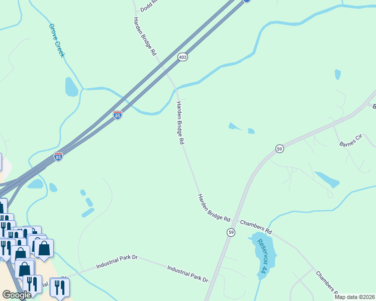 map of restaurants, bars, coffee shops, grocery stores, and more near 1075-1323 Harden Bridge Road in Commerce