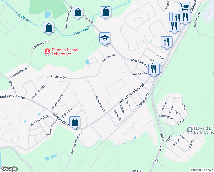 map of restaurants, bars, coffee shops, grocery stores, and more near 2372 Mountain View Road in Gainesville