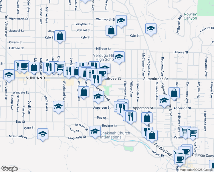 map of restaurants, bars, coffee shops, grocery stores, and more near 10432 Irma Avenue in Los Angeles