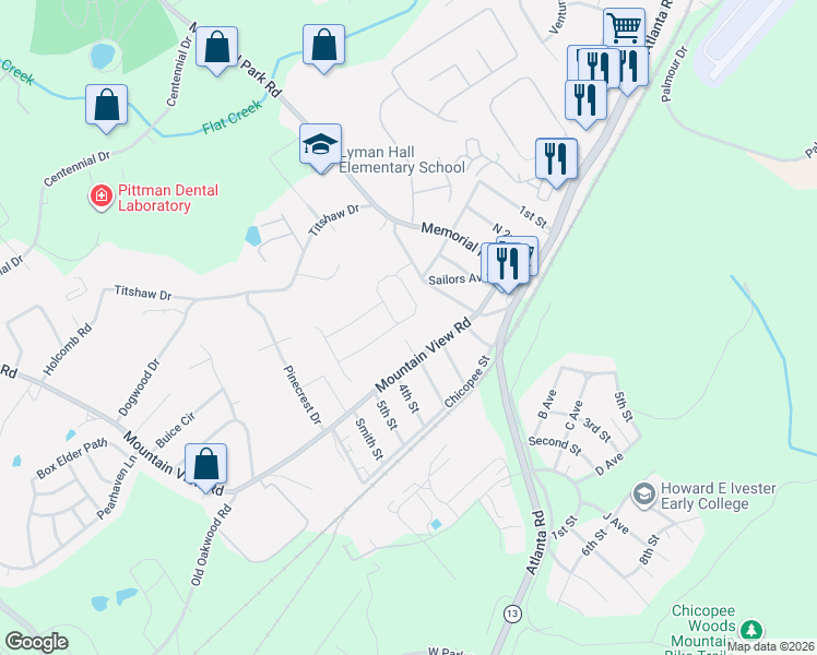 map of restaurants, bars, coffee shops, grocery stores, and more near 2271 Birch Mountain Run in Gainesville
