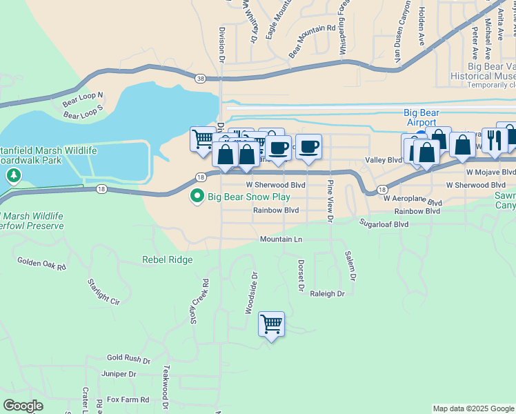 map of restaurants, bars, coffee shops, grocery stores, and more near 2 West Rainbow Boulevard in Big Bear