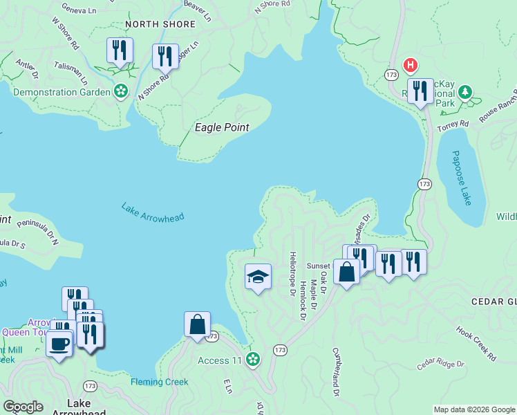 map of restaurants, bars, coffee shops, grocery stores, and more near in Lake Arrowhead