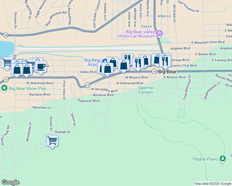 map of restaurants, bars, coffee shops, grocery stores, and more near 428 West Aeroplane Boulevard in Big Bear