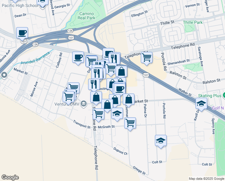 map of restaurants, bars, coffee shops, grocery stores, and more near 1520 Goodyear Avenue in Ventura