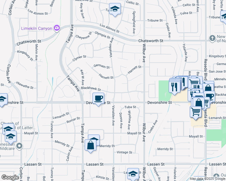 map of restaurants, bars, coffee shops, grocery stores, and more near 10341 Vanalden Avenue in Los Angeles