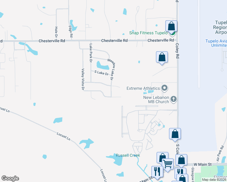 map of restaurants, bars, coffee shops, grocery stores, and more near 4288 Meadow Lake Drive in Tupelo