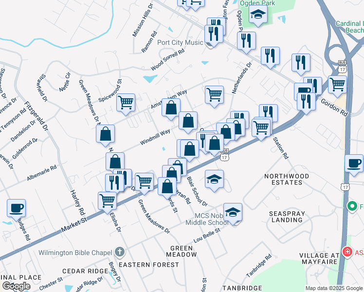 map of restaurants, bars, coffee shops, grocery stores, and more near 6606 Windmill Way in Wilmington