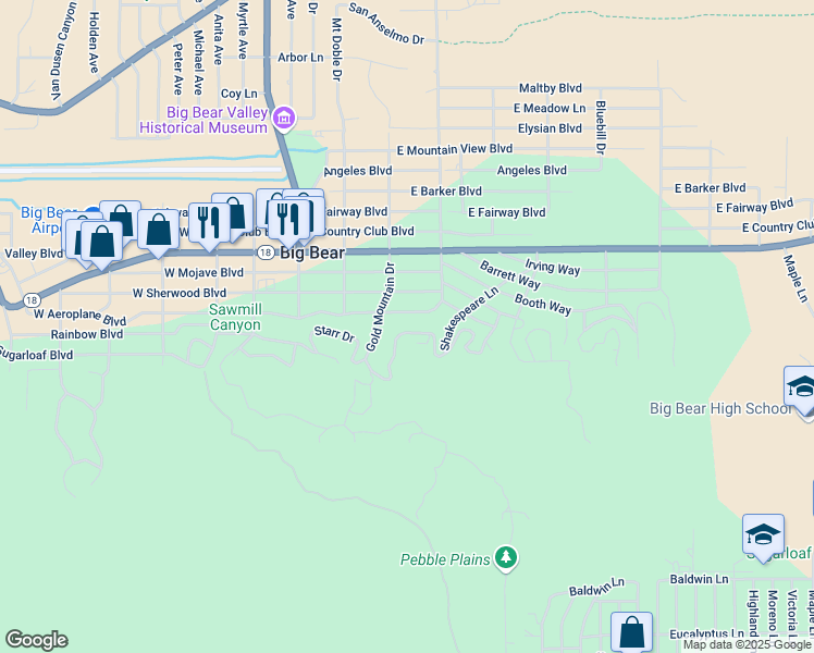 map of restaurants, bars, coffee shops, grocery stores, and more near 336 Lookout Drive in Big Bear