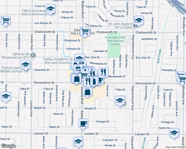map of restaurants, bars, coffee shops, grocery stores, and more near 16855 Blackhawk Street in Los Angeles