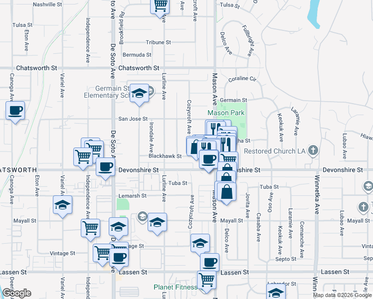 map of restaurants, bars, coffee shops, grocery stores, and more near 20613 Blackhawk Street in Los Angeles