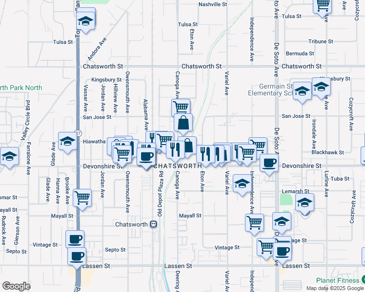 map of restaurants, bars, coffee shops, grocery stores, and more near 10341 Canoga Avenue in Los Angeles