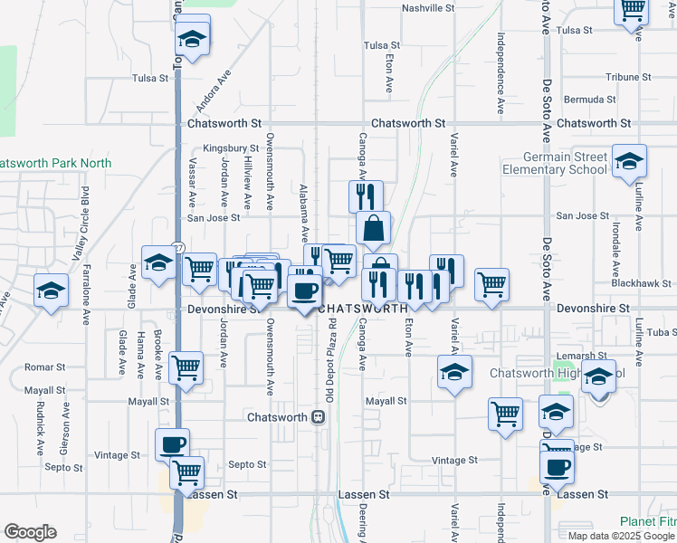 map of restaurants, bars, coffee shops, grocery stores, and more near 21511 Devonshire Street in Los Angeles
